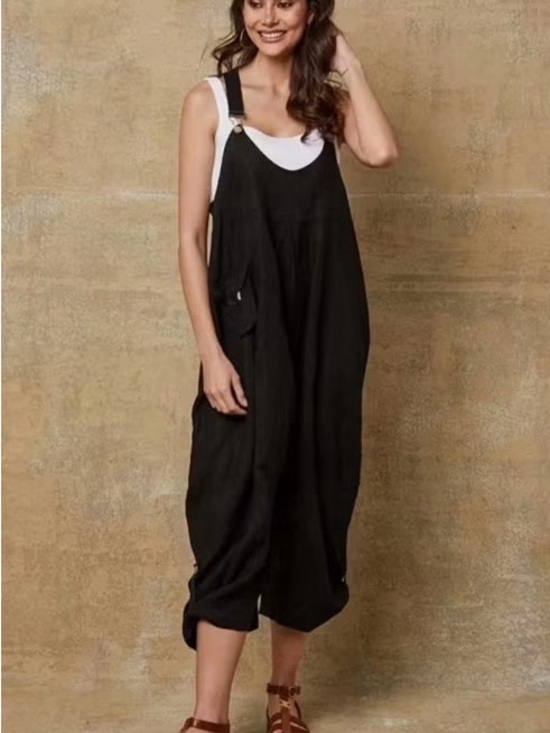 Lea & Luc Pants - 100% Linen Women's Black Relaxed Linen-Blend Overalls Jumpsuit